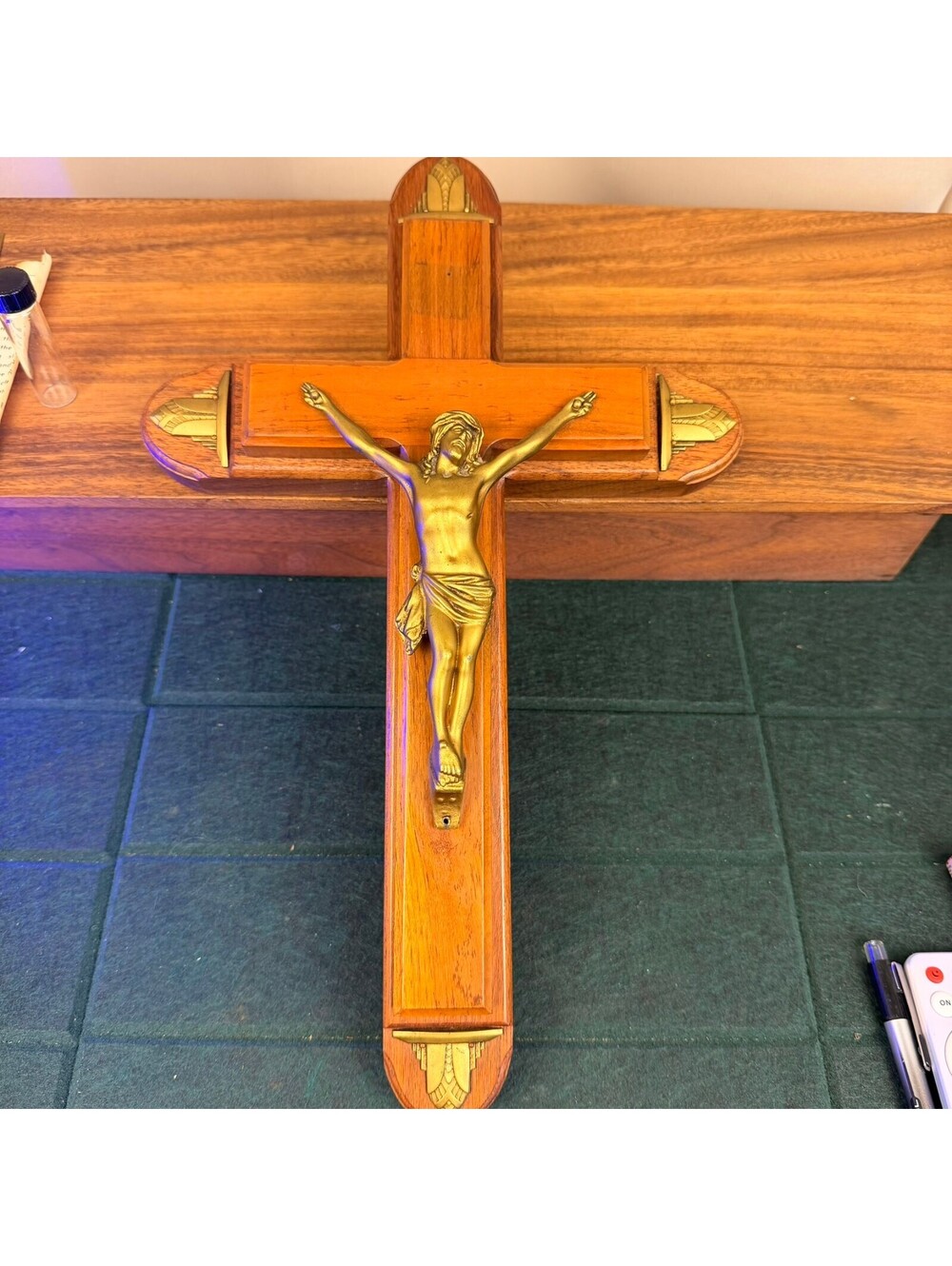Vintage Art Deco Sick Call Set Wooden Crucifix with Brass Jesus and Accessories